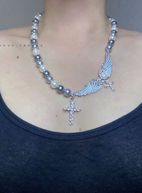 国潮十字架珍珠颈链锆石十字架天使翅膀水晶宇宙闪闪男女锁骨链子