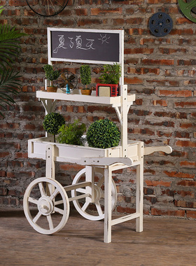 美式乡村家居小黑板手推车木质花架D花店商店阳台置物盆栽收纳层