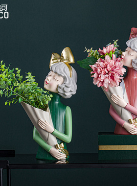 捧花女孩摆件创意家居客厅电视柜花束装饰品泡泡教师节礼物轻奢风