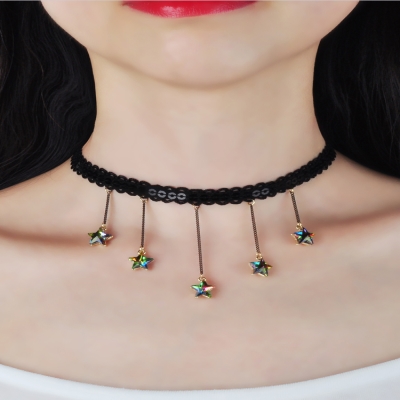 流苏网红饰品脖子颈m链项圈装饰短款锁骨链项链女黑色蕾丝小众颈