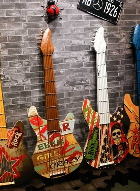 咖啡厅酒吧网咖装饰壁挂木制复古壁饰创意板画吉他装饰