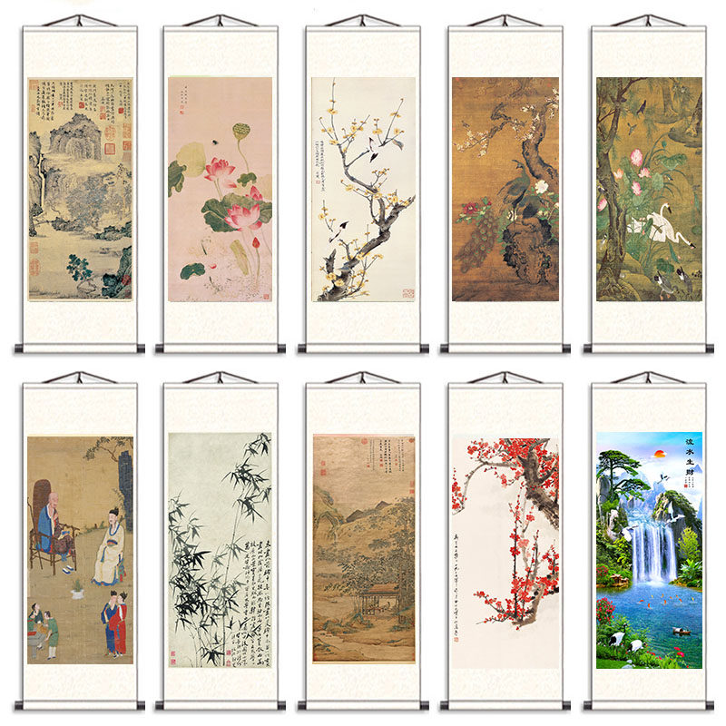 文徵明水墨荷花花鸟画山水国画丝绸画风水挂画字画仿古名家卷轴画