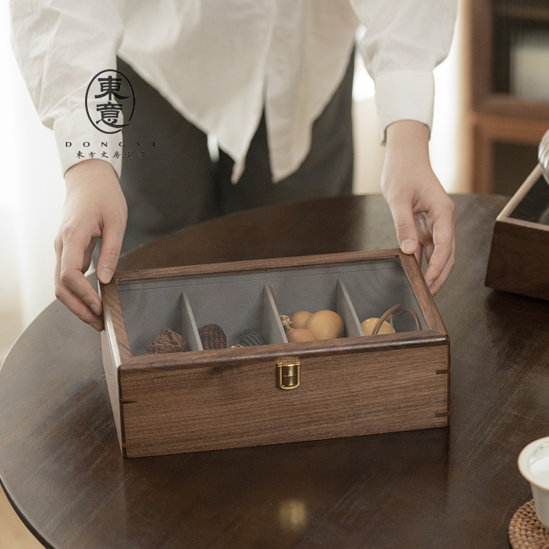 东意黑胡桃木文玩葫芦玉米专用收纳盒高端透明书画印章盒展示盒
