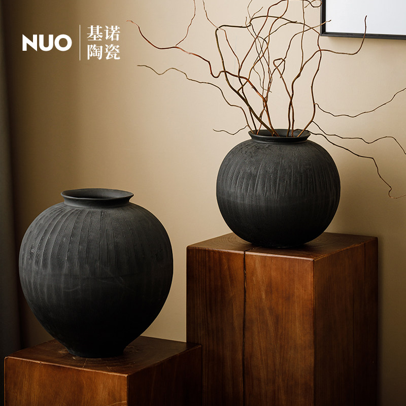 景德镇侘寂风陶瓷黑色花瓶艺术感新中式复古粗陶罐插花器装饰摆件