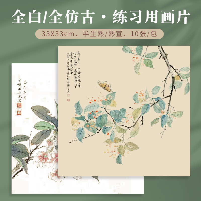 【练习用宣纸画片】全白/全仿古33x33cm国画专用生宣半生熟熟宣卡纸小写意山水花鸟工笔没骨画书法软卡义记宣