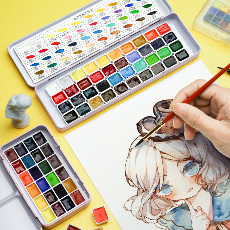 固体水彩颜料分装水彩工具套装24色40色官方配色迷你铁盒糖果色肤色磷光艺术家级绘画珠光水彩固体颜料