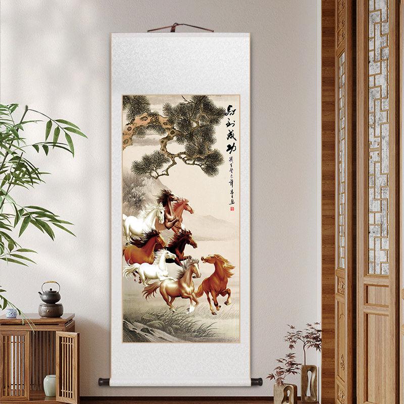马到成功挂画中式客厅玄关装饰画卷轴装裱老板办公室字画茶室壁画