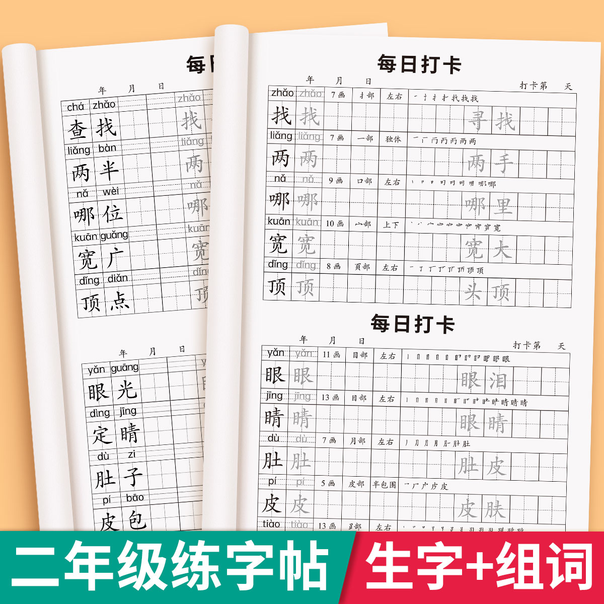 二年级同步字帖每日打卡人教版小学生专用2025新版语文练字帖笔画笔顺描红写字每日一练组词造句识字练习本硬笔书法练字本