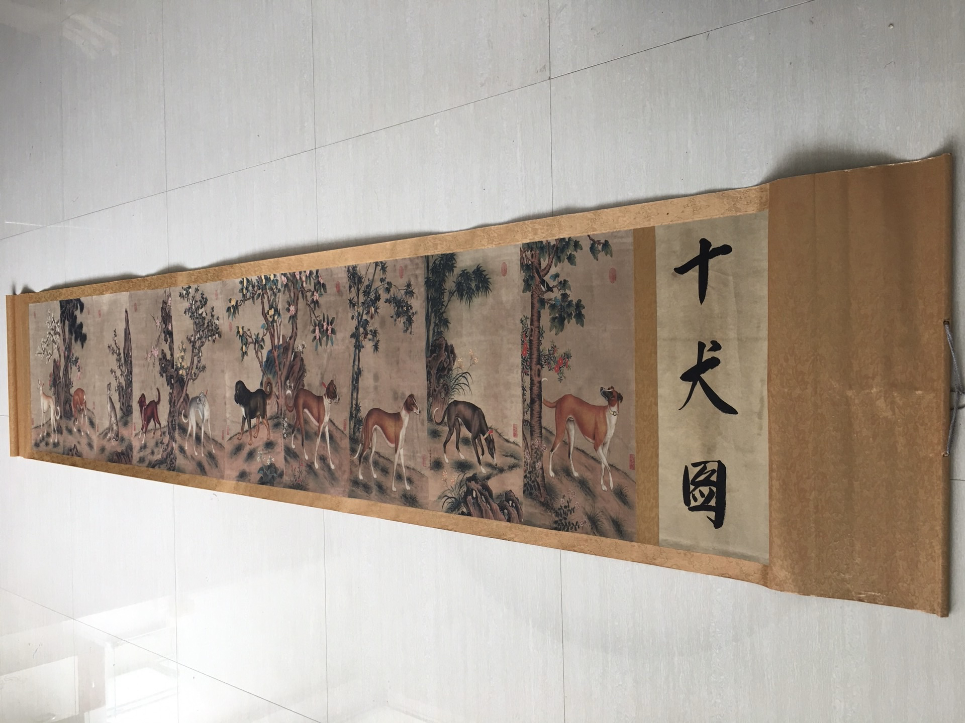 古玩字画仿古名人长卷画朗世宁十犬图室内小长卷壁画挂画中式字画