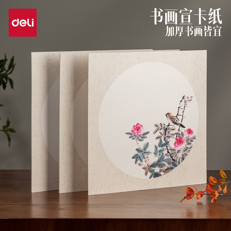 得力加厚国画生宣宣纸卡纸工笔画空白书法绘画专用纸初学者美术儿童毛笔字练习用纸扇面圆形镜片装裱作品纸