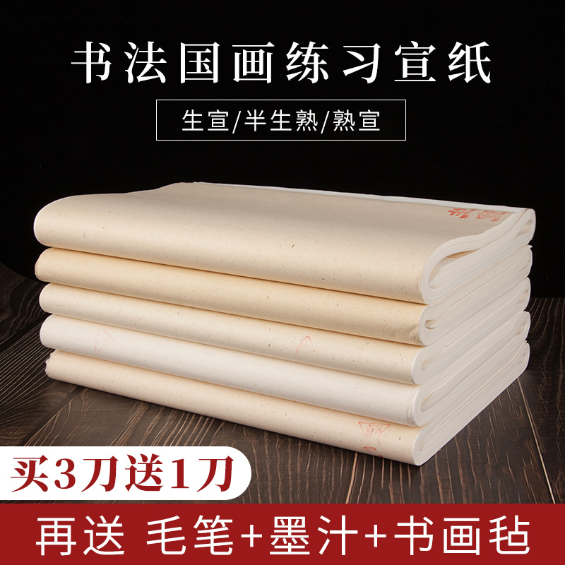 安徽泾县宣纸手工加厚半生熟毛笔国画书法专用纸工笔画练毛笔字生宣四尺四开全开六开整张熟宣纸画纸作品纸