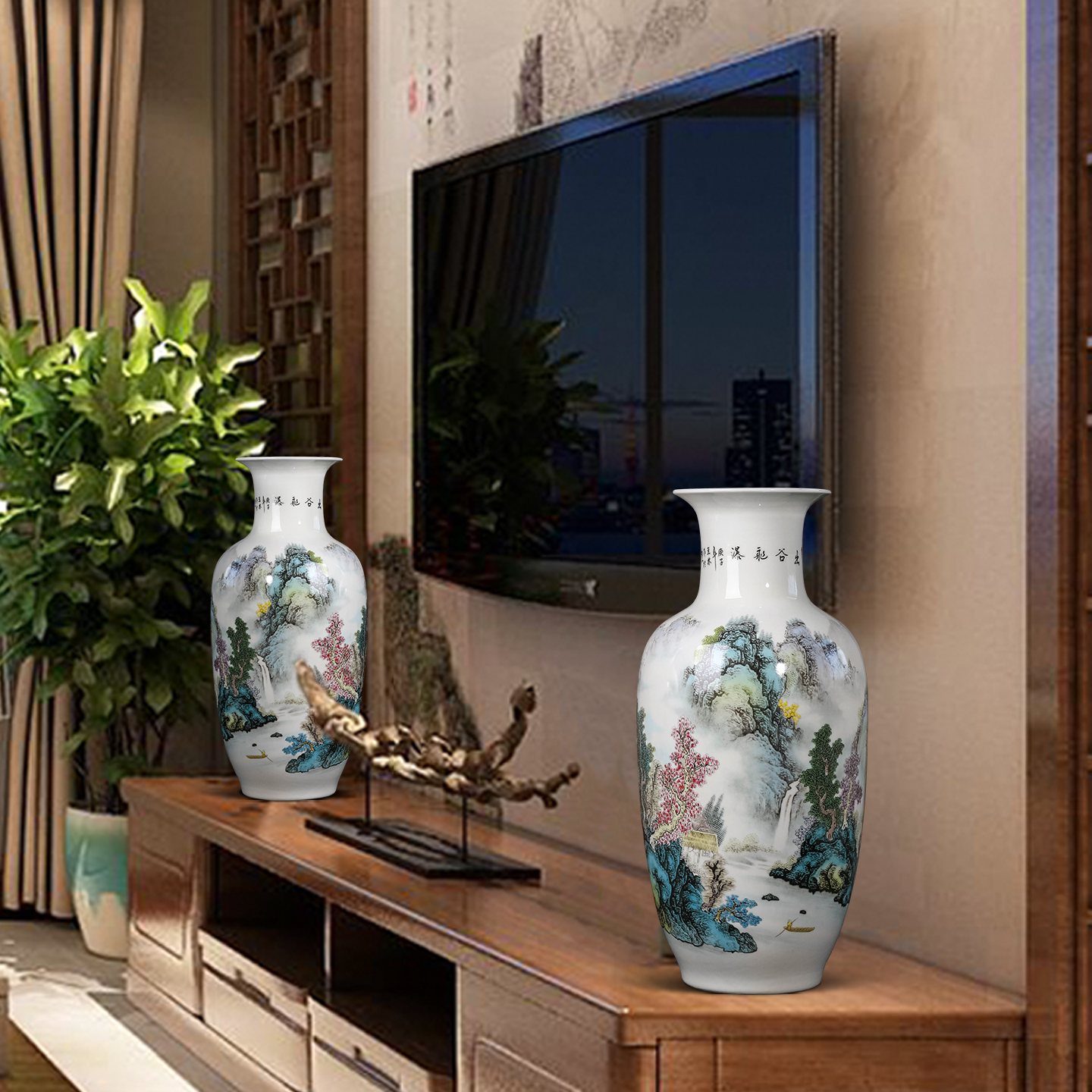 景德镇陶瓷器花瓶高级感摆件玄关插花电视柜装饰品一对乔迁礼物