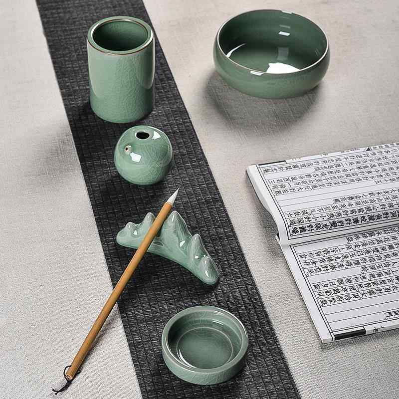 高档陶瓷文房宝书法四写字绘画精品装用品用具笔筒笔笔架砚台洗包
