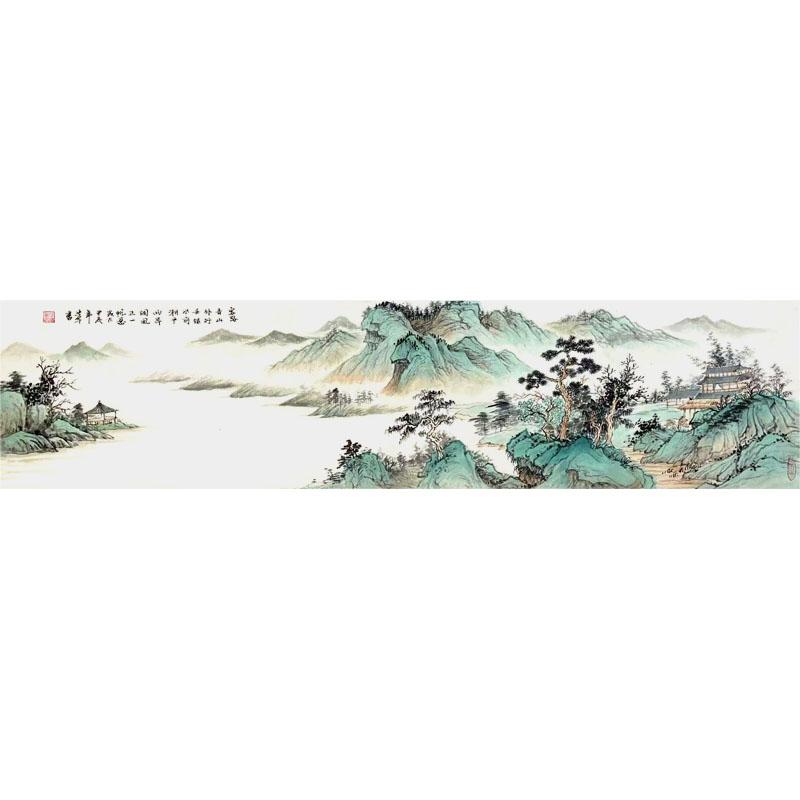 纯手绘水墨国画青绿山水字画办公室客厅茶室新中式江川春色图