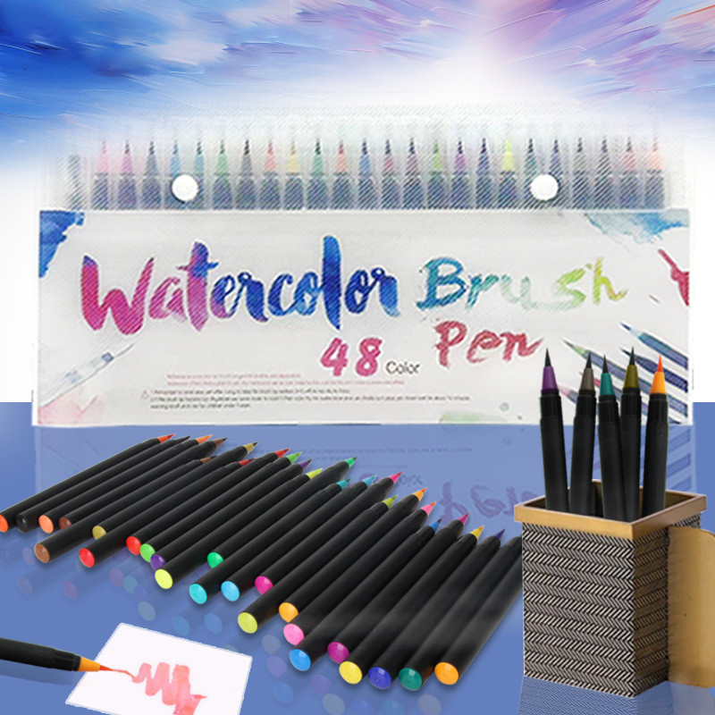 水彩毛刷笔彩色软头毛笔48色漫画手绘画笔自来水笔书法笔软笔