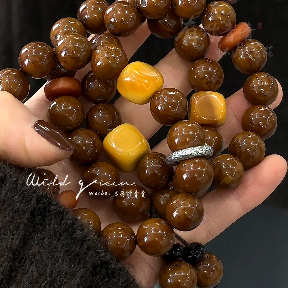 有野青青「缅黄方块鼠」原创设计紫金鼠三眼菩提缅黄创意文玩手串