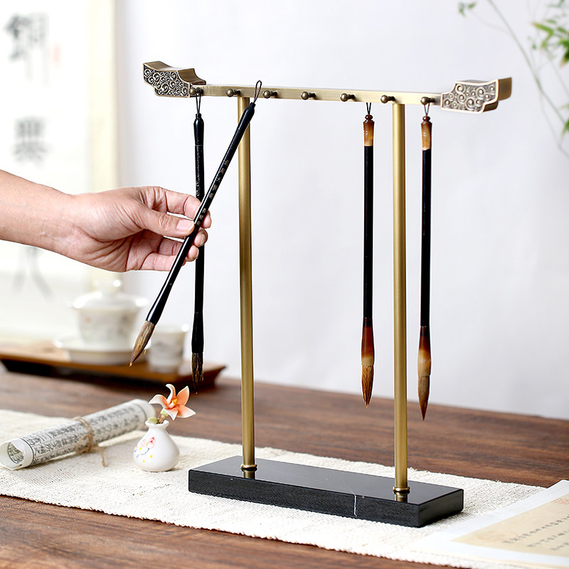 黄铜大理石创意艺术毛笔架文房四宝书法用具书房中式摆件长辈礼物