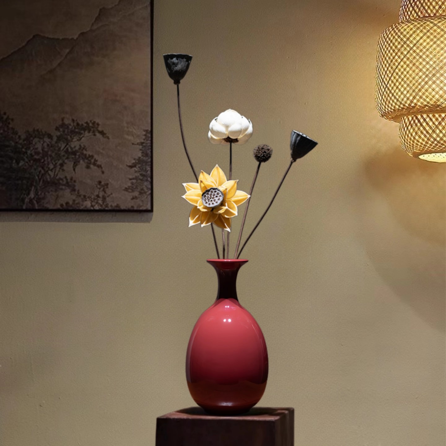 故宫红新中式禅意花瓶景德镇小摆件陶瓷茶桌客厅艺术品古风装饰品