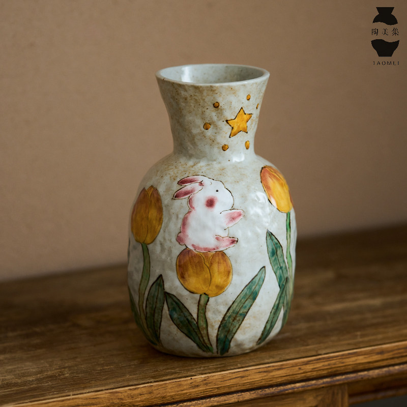 景德镇水培插花器中式复古客厅玄关桌面装饰摆件手绘兔子陶瓷花瓶