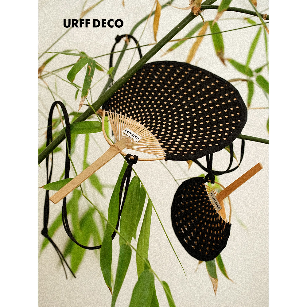 URFF DECO原创中式手工编皮绳竹扇子夏天便携挂绳蒲团扇手摇国风