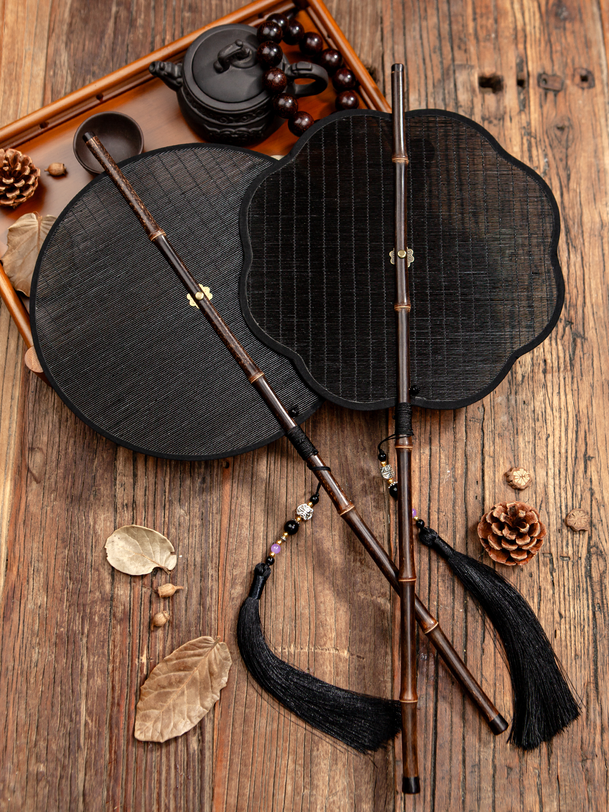 古风紫竹腰扇汉服团扇中国风长柄流苏可卷曲折扇古典便携挂腰扇子