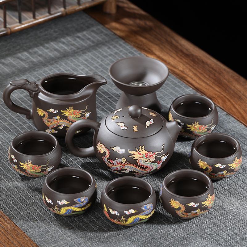 遇热变色紫砂功夫茶具龙凤呈祥整套泡茶器家用原矿泥茶壶茶杯套装