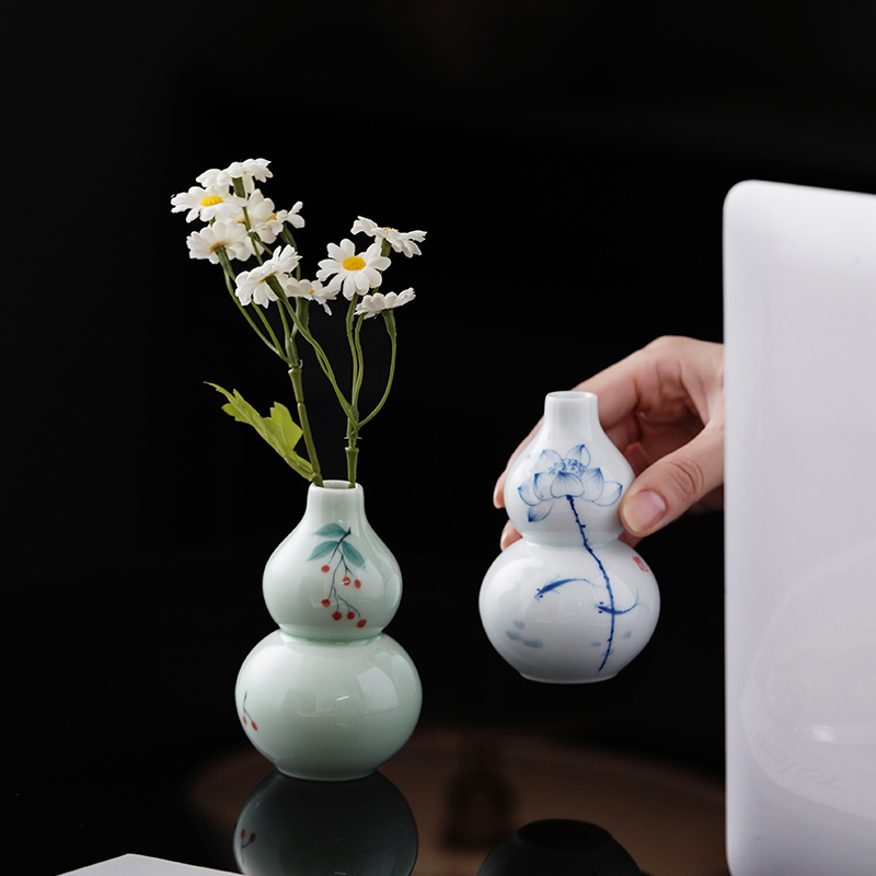 景德镇手绘荷叶家居花瓶摆件插花博古架茶台书桌中式花瓶插干花