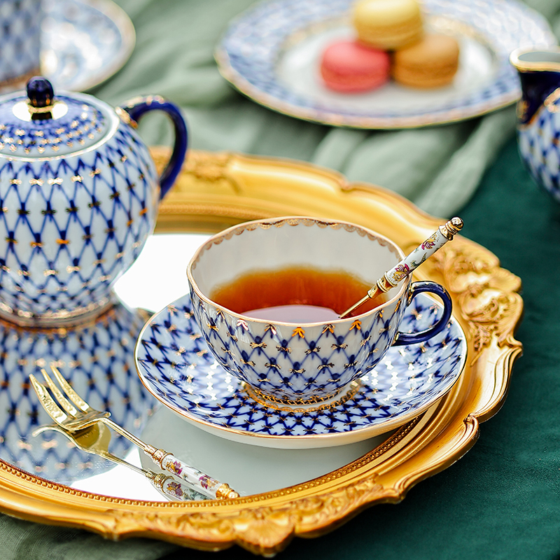 俄罗斯皇家瓷器Lomonosov钴蓝网纹系列咖啡杯茶壶手绘下午茶餐具