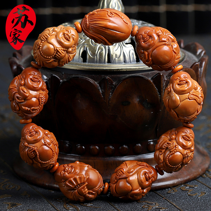 橄榄核手串短圆20八大弥勒佛核雕文玩把件手工雕刻笑口常开手链男