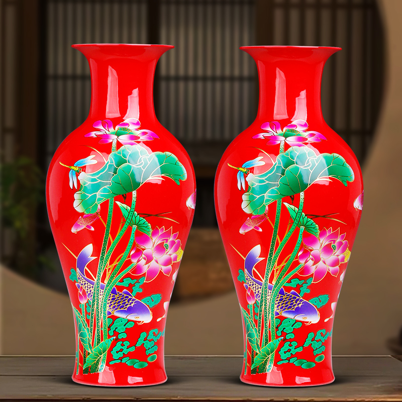 大号景德镇陶瓷器红花瓶中式客厅插花鲜花干花花瓶摆件复古高级感