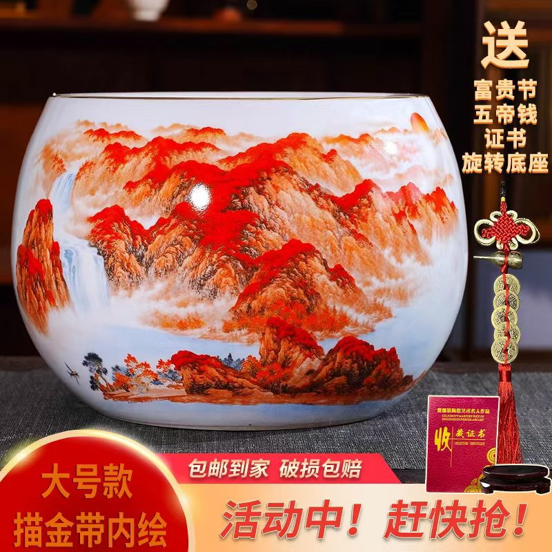 景德镇陶瓷器鸿运当头聚宝盆摆件中式家居饰品客厅玄关养鱼缸摆件
