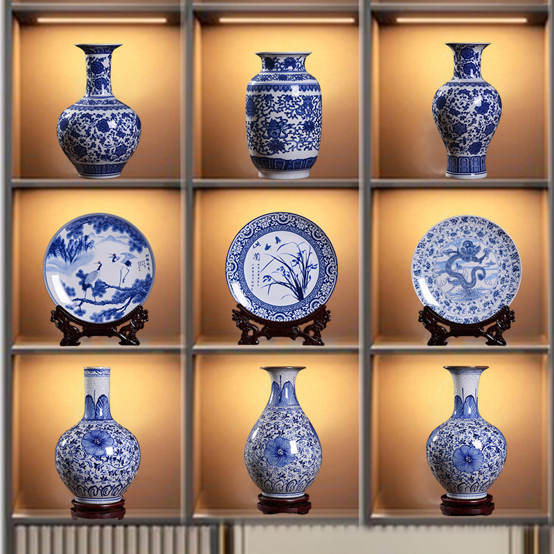 新中式茶室酒店博古架高档陶瓷器花瓶插花摆件青花瓷仿古装饰品