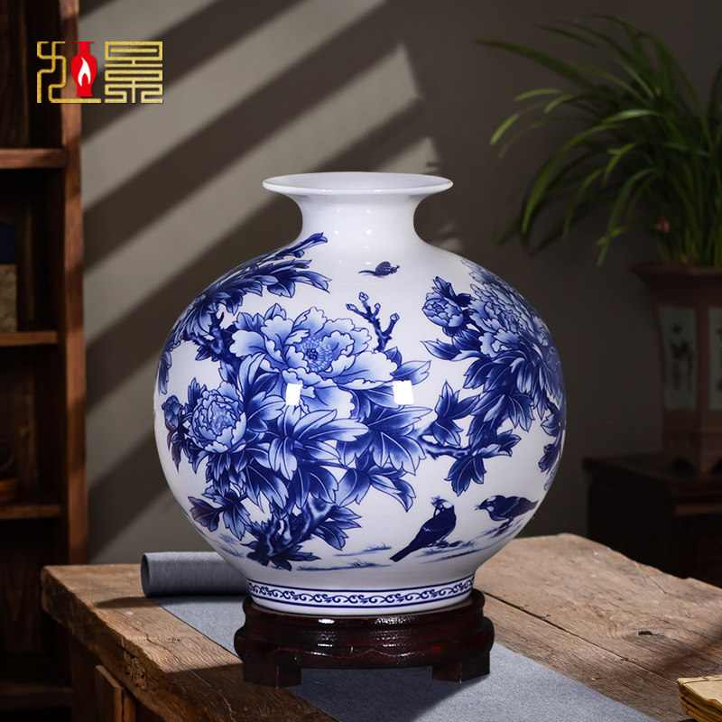 景德镇陶瓷花瓶青花瓷薄胎骨瓷中式客厅瓷器插花装饰摆件小号瓷瓶