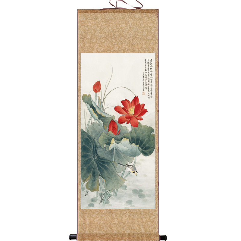 俞致贞荷花图国画花鸟挂画茶楼古典装饰字画丝绸挂画名家字画卷轴