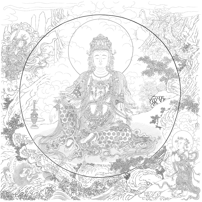 工笔壁画水月观音普贤文殊熟宣直接上色巨大幅国画艺术白描底稿子