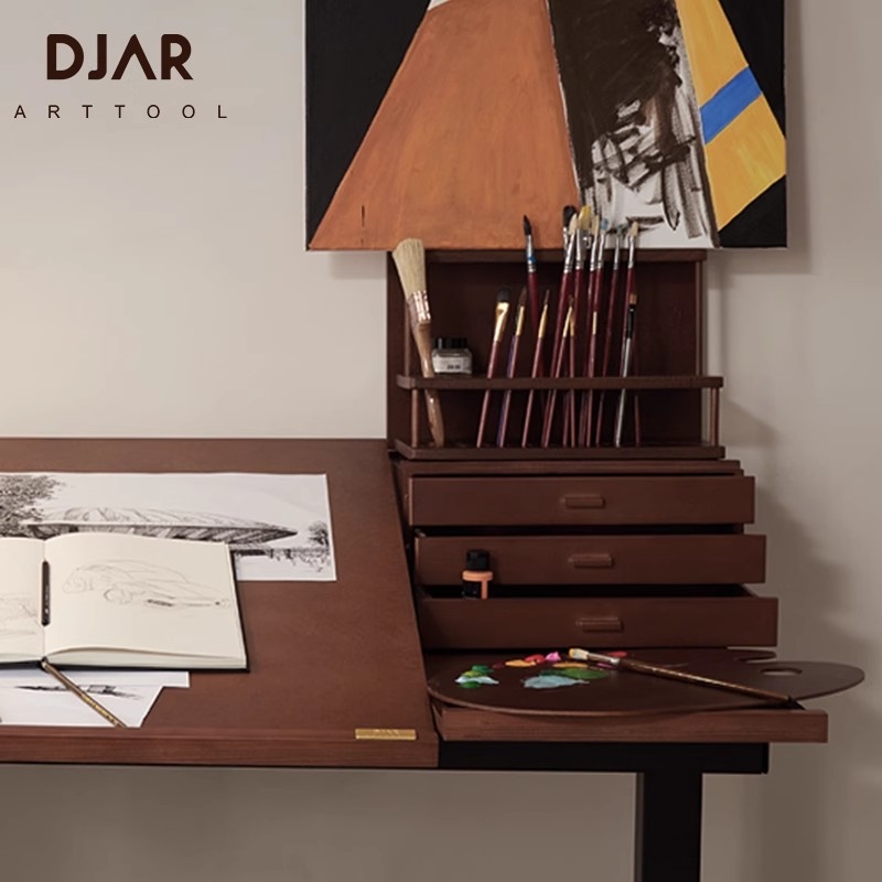 DJAR大号实木收纳画笔毛笔架子美术生专用绘画复古油画箱美术用品