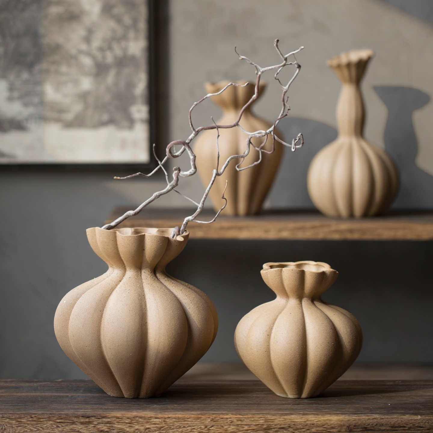 景德镇侘寂风陶瓷花瓶样板间艺术感软装插干花摆件轻奢高端装饰品