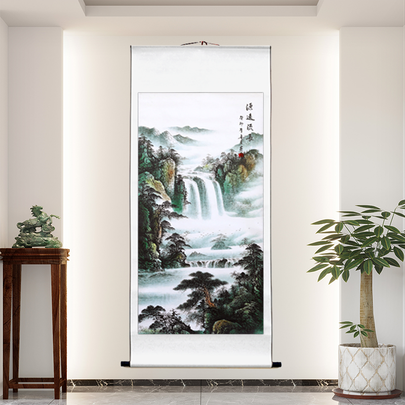 国画山水画客厅办公室玄关过道装饰画背景墙风水画竖版卷轴已装裱