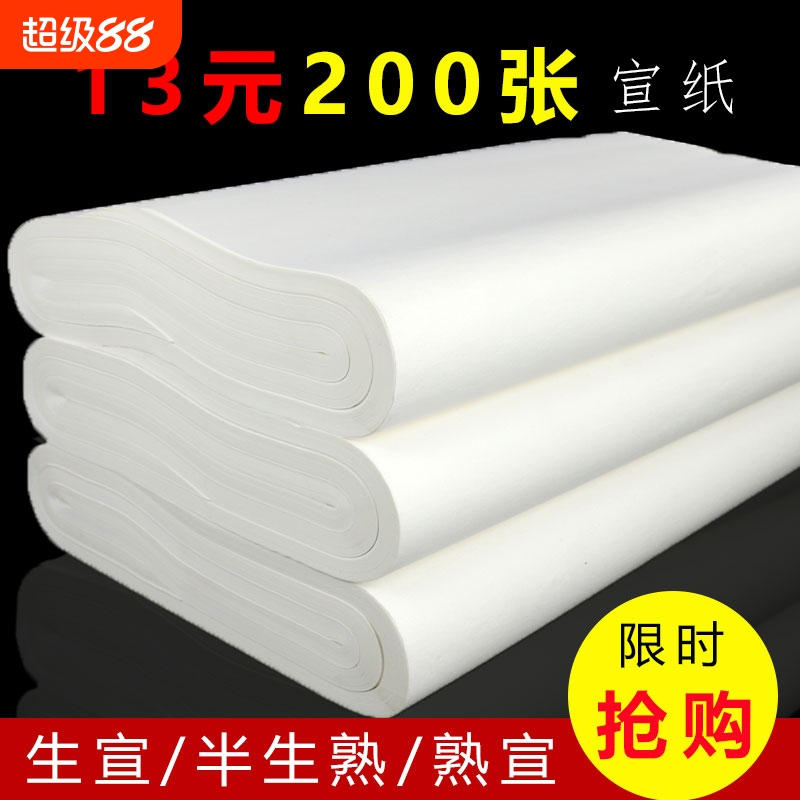 宣纸书法专用纸半生半熟对开纸100张四尺国画工笔画学生熟宣写毛笔字练习用作品纸半生熟四开六尺三开三尺