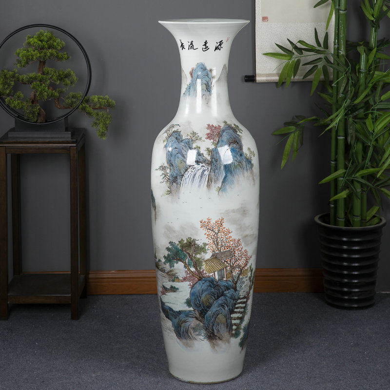 景德镇陶瓷器手绘山水落地大花瓶新中式客厅酒店公司开业别墅摆件