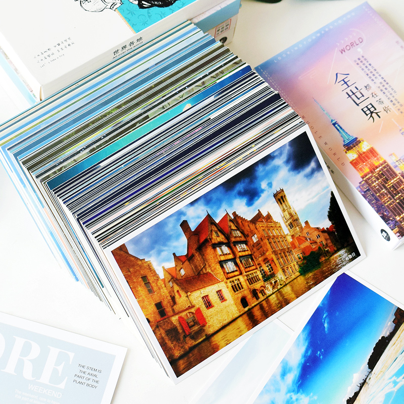 150张中国风景明信片ins风盒装世界各地城市高级旅行旅游感手绘励志简约