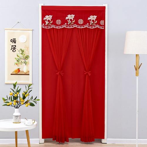 婚庆结婚双层门帘婚房家用红色喜庆卧室免打孔新款蕾丝防蚊门帘 - 图2
