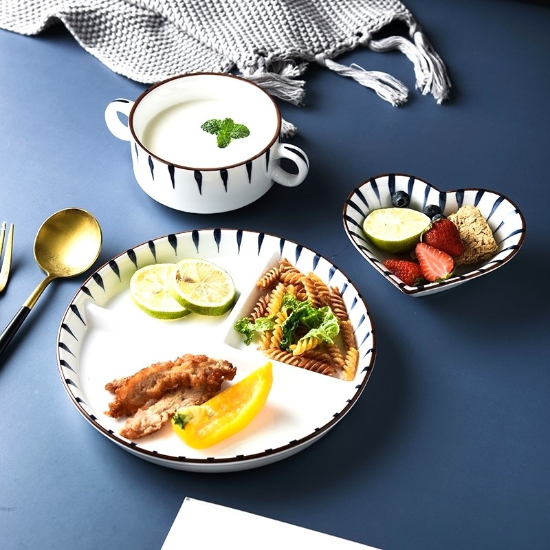 日式创意三格分餐盘碟子餐具套装家用陶瓷分格盘菜盘一人食早餐盘-图0
