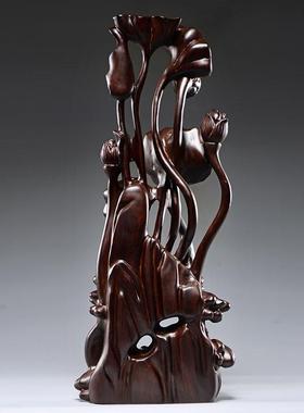 黑檀木年年有鱼根雕荷花雕刻摆件红木家居装饰工艺品开业乔迁送礼