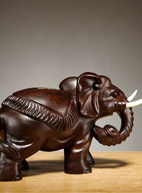 黑檀木雕大象摆件一对木质吸水象家居客厅装饰红木工艺品送礼