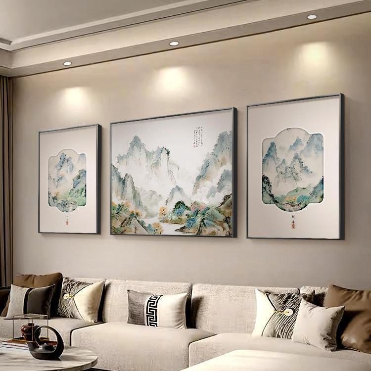 背有靠山客厅装饰画新中式沙发背景墙山水画壁画高端三联风景挂画 - 图1