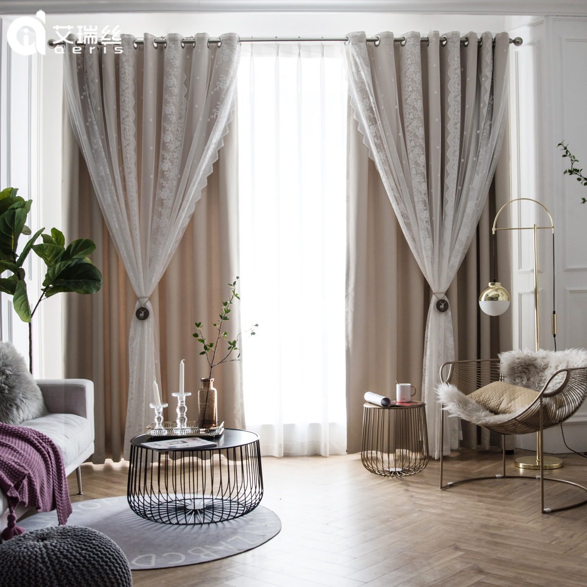 现代简约韩式蕾丝公主风全遮光窗帘布网红抖音客厅卧室飘窗帘成品