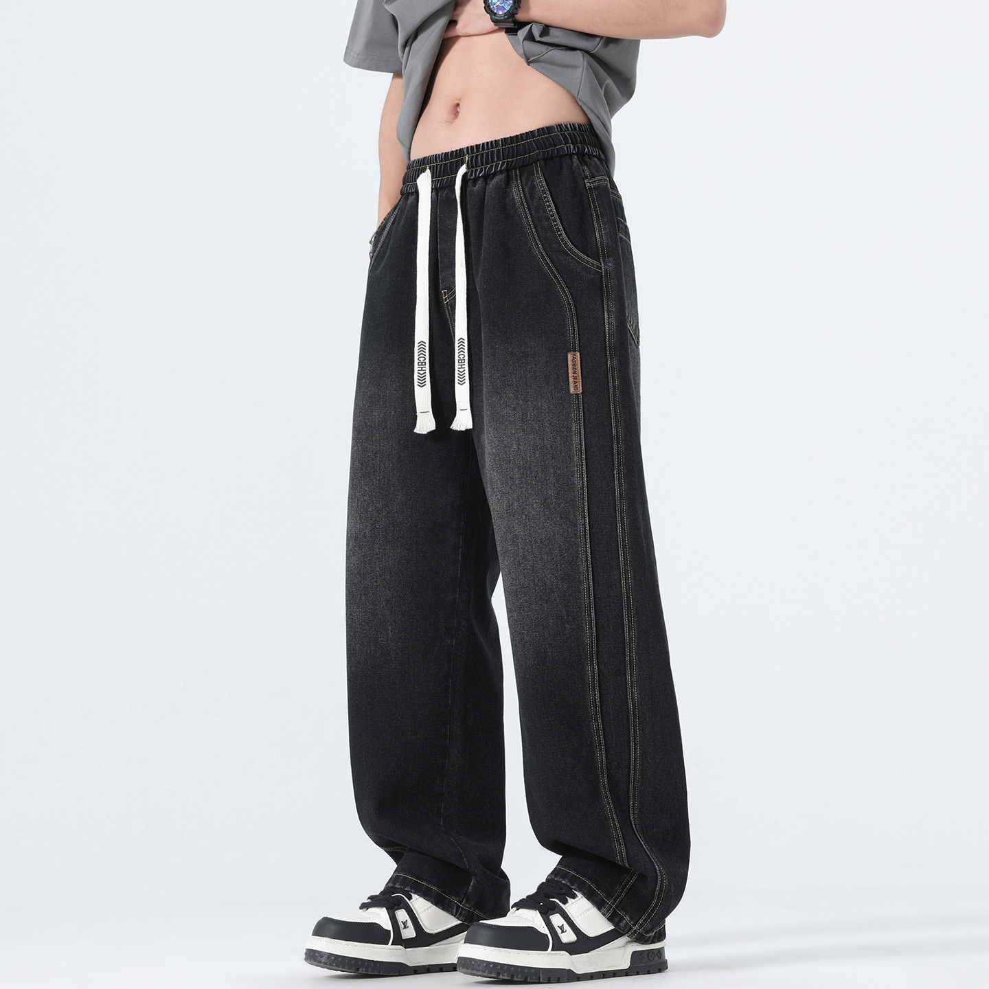 Shanggu เสื้อผ้าผู้ชาย | กางเกงยีนส์ผู้ชาย แบบยืดหยุ่น ความหนาปกติ ไม่ยืดหยุ่น ทรงสลิม ขาตรง ผ่านการซักสไตล์เรโทร ดูเก่าแก่ ทรงหลวม