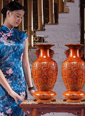 花梨木雕刻花瓶摆件汉式家居电视柜新中式花瓶装饰工艺品乔迁送礼