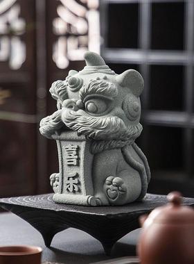 青砂石国潮醒狮石狮子摆件招财瑞兽造景吉祥物舞狮工艺品装饰礼品